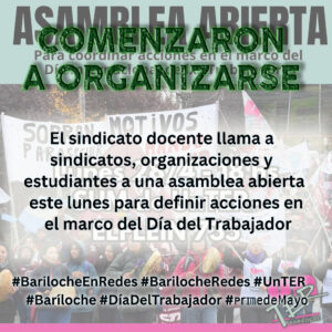 UnTER Bariloche convoca Asamblea a gremios y organizaciones por el 1ro de Mayo