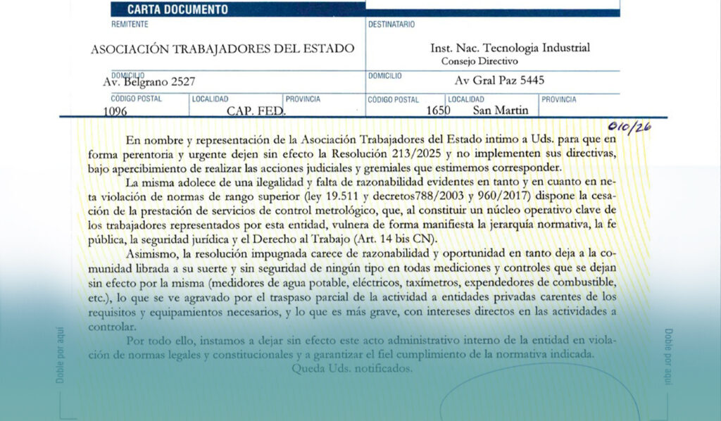 ATE inicia acciones legales por privatización de Metrología INTI
